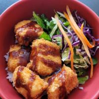 Tofu-Katsu Rice Bowl · Breaded & deep-fried tofu (Tofu Katsu) on the rice with green salad