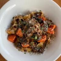 short rib pappardelle · cremini mushroom + carrot + parmesan