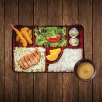 Salmon Steak Bento.. · Grilled salmon steak served with steamed white rice, 2 pieces of California roll, shrimp tem...