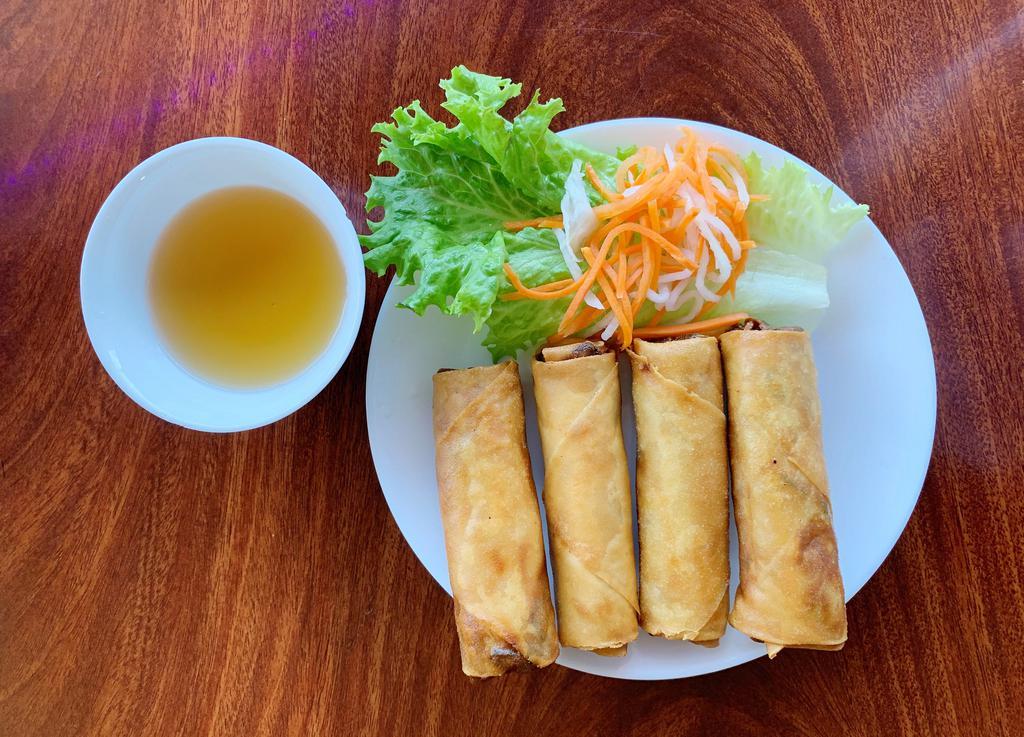 6A. Eggs Rolls · (Orders of 4) Cha gio. Crispy rolls with pork, shrimp, glass noodle, taro and side of house sauce.