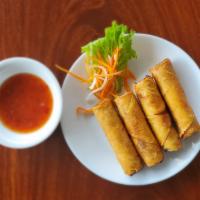7A. Vegetarian Eggs Rolls · (Orders of 4) Cha gio chay.  Crispy rolls with tofu, taro, vegetables and side of soy sauce.