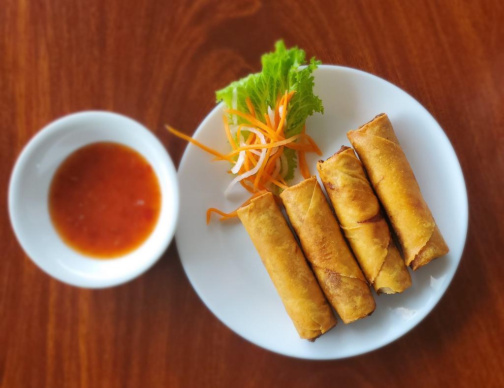 7A. Vegetarian Eggs Rolls · (Orders of 4) Cha gio chay.  Crispy rolls with tofu, taro, vegetables and side of soy sauce.