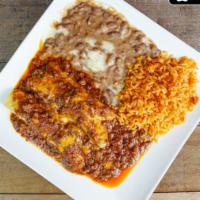 Beef Enchiladas · 2 ground beef enchiladas topped with chile con carne sauce. Served with rice and beans.