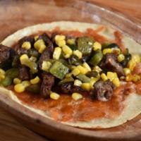 Carne Asada  · Grilled chopped steak, sauteed corn, poblano peppers, toasted cheese and refried pinto beans...