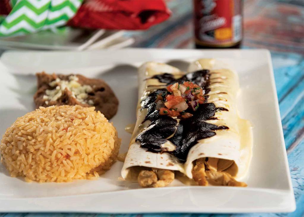 Burrito de La Roqueta · Two soft flour tortillas filled with an exquisite choice of chicken or pork, topped with creamy melted cheese, pico de gallo and famous mole sauce! Side refried beans or Mexican rice.