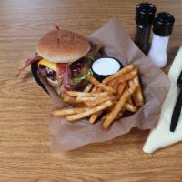 BBQ Ranch Burger · American cheese, bacon, thick BBQ sauce and ranch dressing.