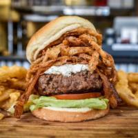 The Candied GOAT Burger · 8oz burger topped with crispy onion fizzles, goat cheese, sweet Candied bacon, delicious smo...