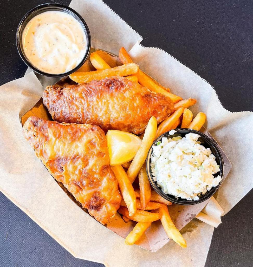 Ross's Fish n Chips · 2 pieces of flaky fried cod served with homemade tartar sauce, white slaw, fries, and a lemon wedge