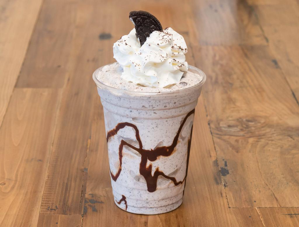 Cookies and Creme Shake · Local rich SS vanilla ice cream,cookie and cream cookies, Ghirardelli premium chocolate sauce for sides of cup,whipped cream