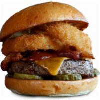 Lockhart Legend Burger · Applewood smoked bacon, cheddar cheese, dr. Pepper BBQ sauce, 2 hand-battered onion rings an...