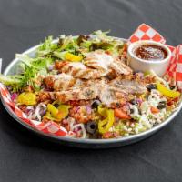 Triple Garlic Chop Chop Salad · Chopped iceberg lettuce, tomato, pepperoncini, grilled chicken, olives, mozzarella cheese, b...