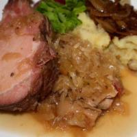 Kassler Rippchen · Smoked Pork Loin served with Sauerkraut and choice of Spätzle, Hot Potato Salad or fried Pot...