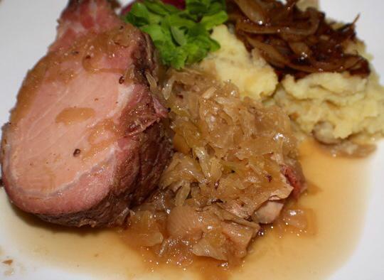 Kassler Rippchen · Smoked Pork Loin served with Sauerkraut and choice of Spätzle, Hot Potato Salad or fried Potatoes. Soup of the day included.