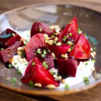Roasted Beets & Whipped Feta · Red and golden beets, Greek yogurt and whipped feta, balsamic vinegar, toasted pine nuts, ch...