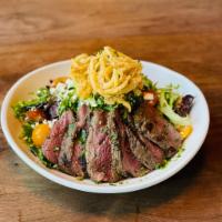 Steak Salad · Mixed greens, Heirloom cherry tomatoes, oregano mustard vinaigrette, blue cheese crumbles, s...