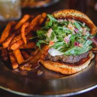 Fresno Fig Burger · Fig marmalade, melted goat cheese, bacon, tomato, red onion, arugula, and spicy porter musta...