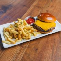 Kids Cheese Burger · Served with a choice of side and a beverage.