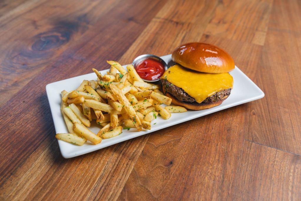 Kids Cheese Burger · Served with a choice of side and a beverage.