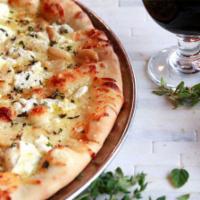 Large White Pie · mozzarella, provolone, ricotta, parmesan, olive oil, roasted garlic & fresh herbs 
