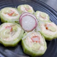 Cool hawaiian roll · In- crabmeat, crabstick, avocado, onion 
Out- cucumber with wasabi mayo sauce