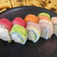 Rainbow roll · In- crabmeat, cucumber, avocado out- tuna, salmon, sushi shrimp, yellotail, avocado