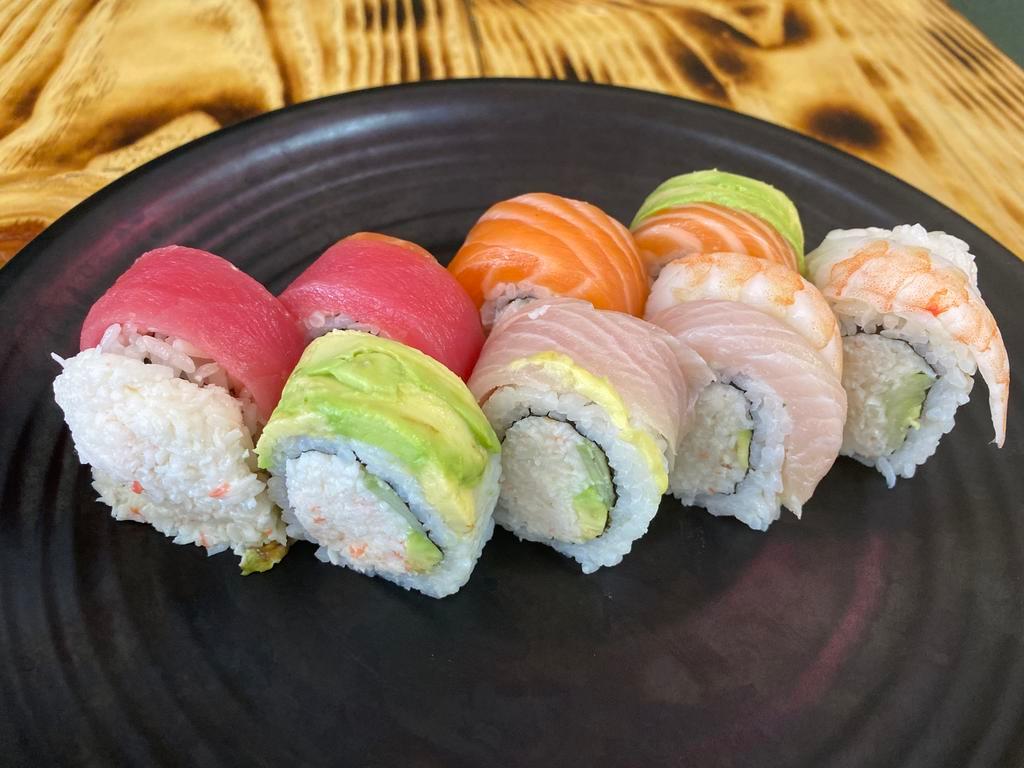 Rainbow roll · In- crabmeat, cucumber, avocado out- tuna, salmon, sushi shrimp, yellotail, avocado