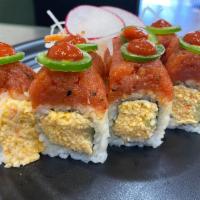 Panic roll · In- spicy crabmeat, cucumber Out- spicy tuna, jalapeno with sriracha sauce