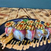 Geisha roll · In- cream cheese, crabmeat, tempura shrimp OUT-tuna, avocado, jalapeno with spicy mayo, eel ...