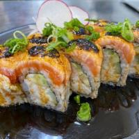 Baked salmon roll · In- crabmeat, cucumber, avocado Out- baked salmon with eel sauce, baked mayo