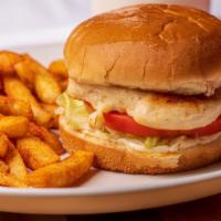 Grilled Chicken Burger · Mayo, lettuce, and tomatoes.