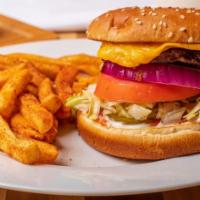 Bruto Burger · 1/4 lb. Mayo, ketchup, mustard, pickles, raw onions, lettuce, and tomatoes.
