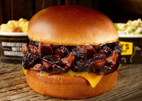 Brisket Burnt Ends Sandwich Plate. · Chopped burnt ends of brisket with cheese & pickles on at toasted brioche bun, served with 2 sides.