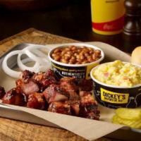 Pork Burnt Ends Plate · Double smoked pork burnt ends, served with 2 sides and a roll