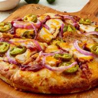 BBQ Chicken & Jalapeno Pizza · Chicken, 2 cheeses, BBQ sauce, onion, pickled jalapeños.