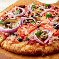 Veggie Supreme Pizza · 2 cheeses, mushrooms, green bell pepper, onion, olives, tomato, marinara. Vegetarian.
