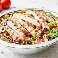 Southwestern Chicken Salad · Mixed field greens, chicken, cheese, corn & black bean mix, tomatoes, croutons, ranch dressi...