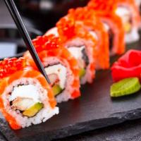Jersey Roll · Tuna and yellowtail inside, wrapped with fresh salmon and salmon roe. 