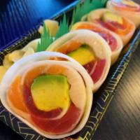 No Name Roll · Tuna, salmon, yellowtail, avocado and tobiko wrapped with thin slices of cucumber.