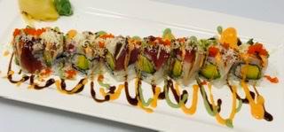 Titanic Roll · Spicy shrimp and avocado, topped with tuna, yellowtail and special sauce. 