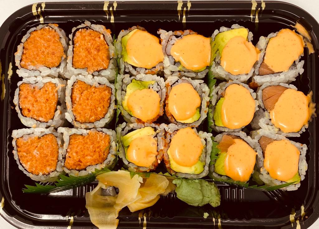 Roll B Platter · Spicy tuna, spicy California and spicy salmon avocado roll. Served with miso soup or salad. 