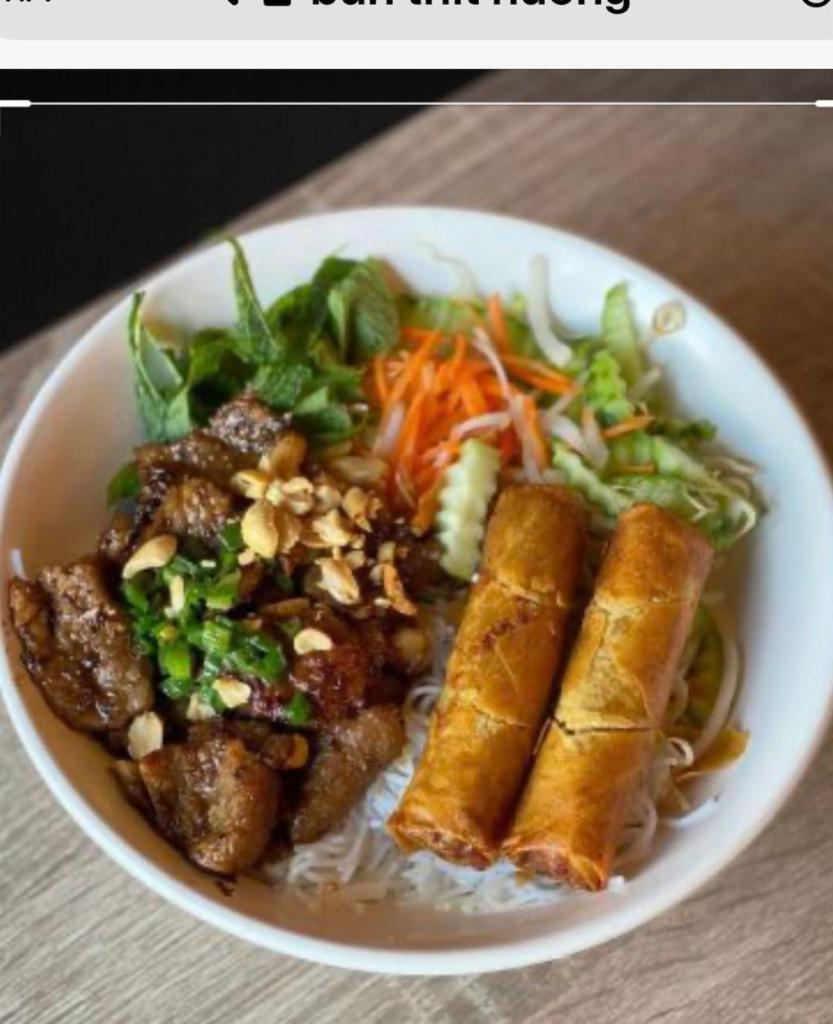 47. Bun Thit Nuong, Cha Gio	 · Grilled pork with egg rolls on rice vermicelli.