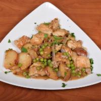 Chicken Compenolla Dinner · Fresh chicken tenders sauteed with onions, peas, sliced potatoes, crumbled sausage and garli...