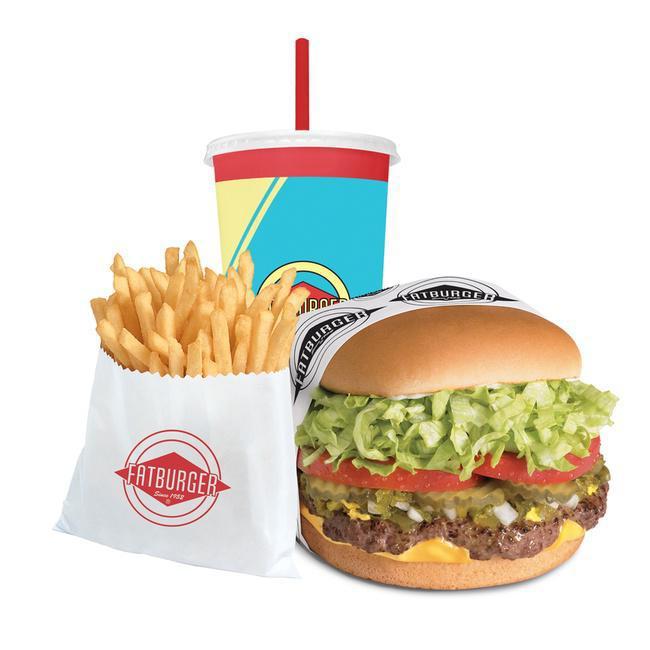 Large Fatburger (1/2lb) Meal · A big fat burger of ½ lb. 100% pure lean beef, fresh ground and grilled to perfection on a toasted sponge-dough bun with choice of toppings and add-ons. Served with choice of fries and a drink.