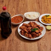 Combo No. 2 · Fried chicken chunks. Served with large rice, medium beans and choice of: small salad, fried...
