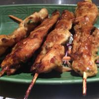 7. Chicken Sate · Grilled, marinated chicken on skewers. Served with peanut sauce and cucumber salad. 4 pieces.