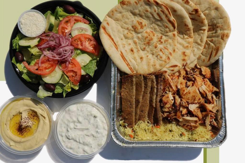 Rice & Protein Meal For 4 · Comes with: 
2 Pounds of Basmati Rice 
1 Pound of Your Protein of Choice 
4 Pitas 
1 Greek Salad 
1/2 Pound Tzatziki 
1/2 Pound Hummus 