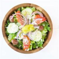Greek Salad · Romaine lettuce, fresh tomato, feta cheese, Kalamata olives, pepperoncini, cucumber, red oni...