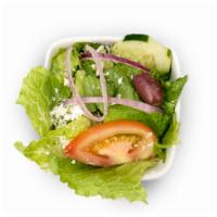 Side Greek Salad · Side salad with romaine lettuce, fresh tomato, feta cheese, Kalamata olive, cucumber and red...