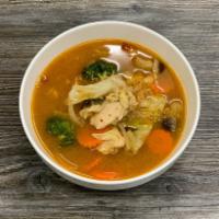 Tom Yum Soup · Tom Yum (Hot and Sour Soup)
Mushroom, onion, broccoli, cabbage and carrot.