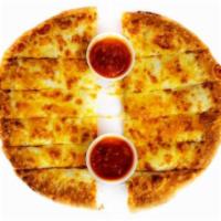Cheesy Bread · Homemade dough topped with cheddar and mozzarella, served with marinara and garlic sauce.